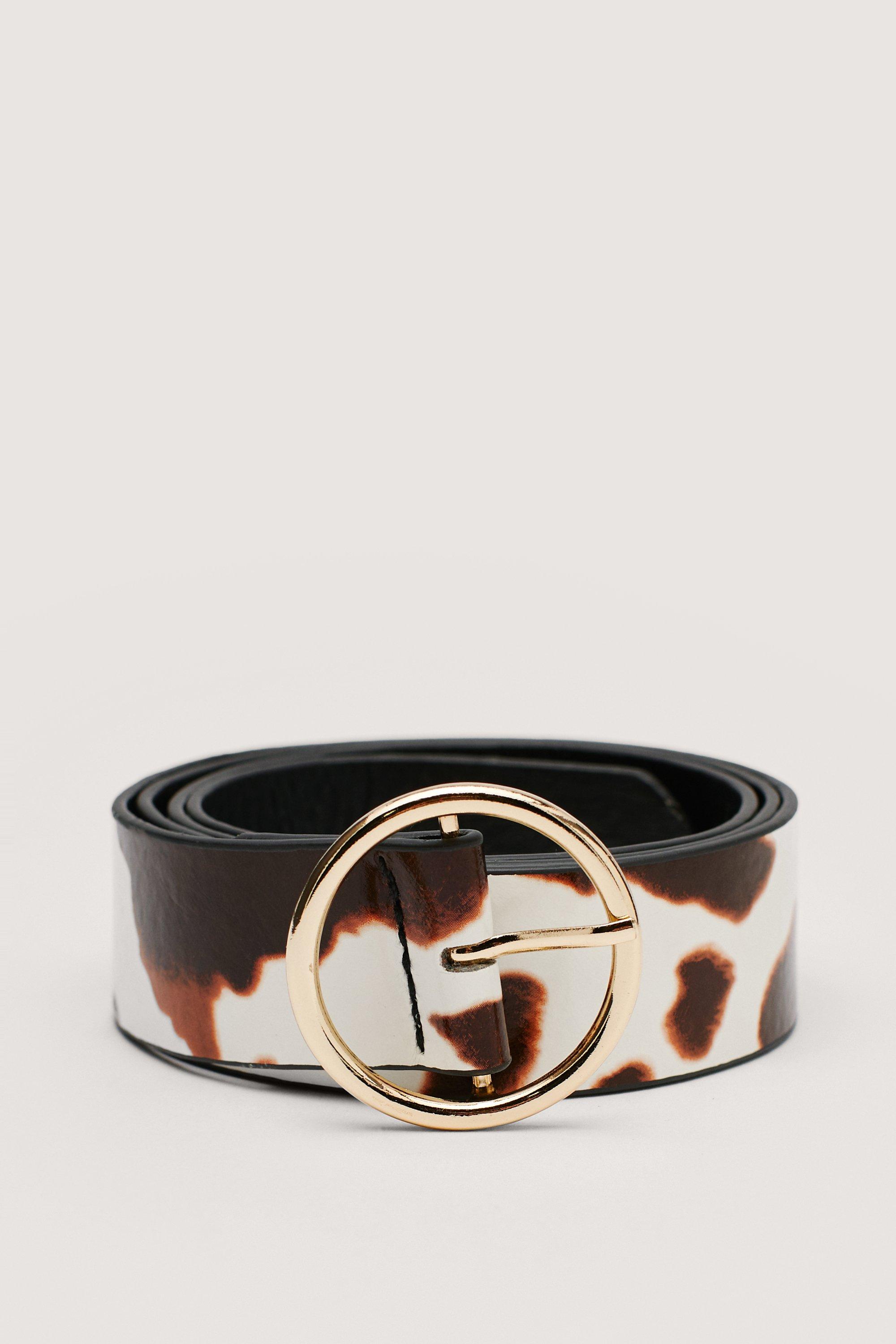 Round Buckle Faux Leather Cow Print Belt